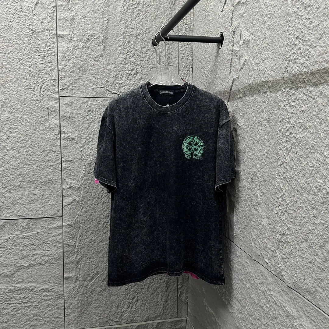🅿️180 CH* Crow Heart* 2025 spring and summer new style Snowflake distressed washed retro round neck short sleeves Chest and front logo Horseshoe print Customized fabric Short-sleeved T-shirt Unisex Size: S M L XL XXL Color: Snowflake Black Snowflake Gray Snowflake Pink Snowflake Blue